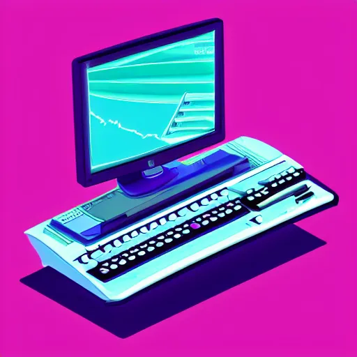 Image similar to a computer from the nineties in vapor wave style isometric view.