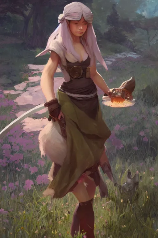 Image similar to rpg character art of a yordle woman, highly detailed, half - body composition, by jeremy lipking, by studio ghibli, by disney, video game fanart