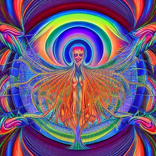 Image similar to collaborative intelligence in your pocket in the style of alex grey, album cover, award winning, beautiful, colorful, volumetric lighting, trending on artstation