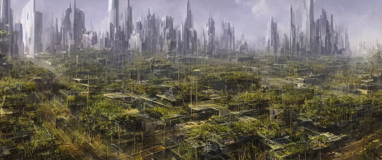 Image similar to matte painting of high tech city overgrown with plants, vincent di fate, masterpiece,