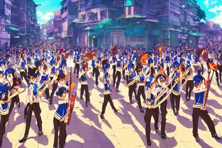 Prompt: anime key visual of a marching band in the middle of a fantasy city in the style of studio ghibli, moebius, makoto shinkai, dramatic volumetric lighting
