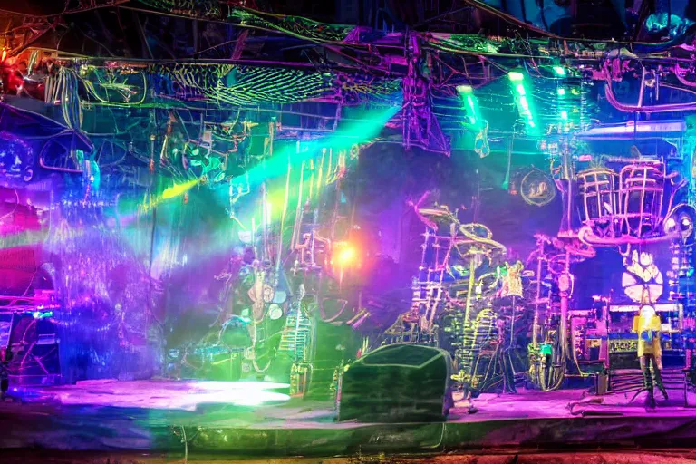 Image similar to close up of an outdoor festival stage with audience, on stage is a rockband with 3 steampunk robots with guitars and drums, center of the stage is a big futuristic steampunk generator with gears and belts and tubes, laser show, 8 k, fluorescent colors, halluzinogenic, multicolored, exaggerated detailed, unreal engine, 8 0 mm lens