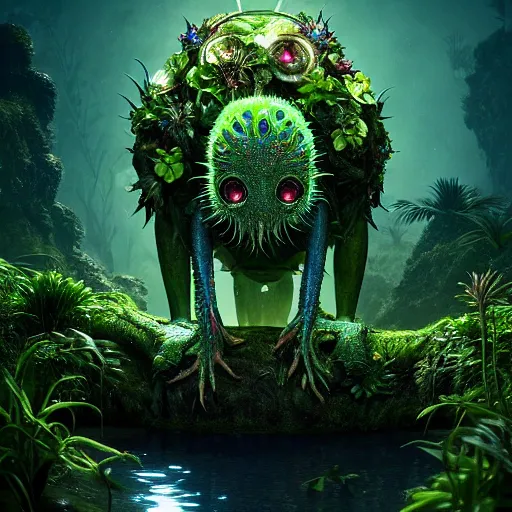 Prompt: creature in a lush vegetation at night, water reflection, bioluminescent : : by michal karcz, daniel merriam, victo ngai and guillermo del toro : : ornate, dynamic, particulate, intricate, elegant, highly detailed, centered, artstation, smooth, sharp focus, octane render, 3 d