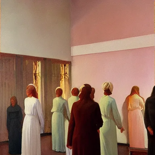 Image similar to procession of women in a soviet temple, dripping watercolor by gottfried helnwein, by hammershøi, highly detailed, art nouveau wallpaper, lights by edward hopper, liminal, eerie, pastel colors, limited palette