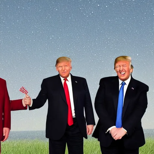 Prompt: boris johnson, vladimir putin and donald trump holding hands, raining dollars, oil field background, 4 k, dslr photo, realistic, accurate