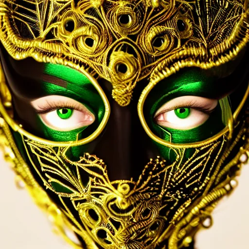 Prompt: a portrait of a woman with bright green eyes, wearing a mask over her mouth made out of golden intricate wire, futuristic, speculative fashion, highly detailed 8k photography, cinematic lighting, trending on artstation H 768