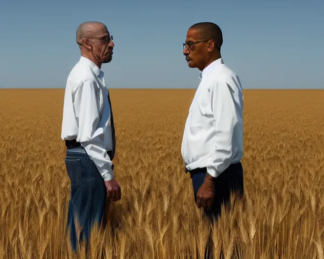 Image similar to extreme long shot of walter white and gustavo fring stand facing each other from a distance in a wheat field, low angle, side view, 8 5 mm photograph, 8 k resolution, wide shot, sharp lens