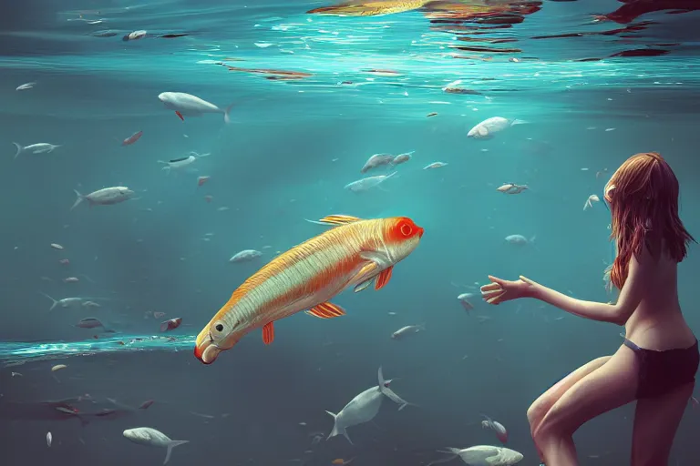 Image similar to long shot photo of fishes swimming around woman, highly detailed, photorealistic, reflections, smooth, sharp focus, concept art, illustration, beautiful, geometric, trending on artstation, cinematic, featured on behance , artwork by WLOP and Tran, Ross