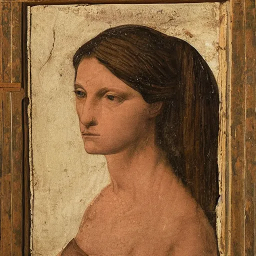 Image similar to fresco material portrait of a sad lady 2 7 years old, with wasp