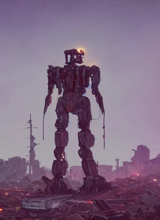 Prompt: A bipedal mech standing among the rubble of a destroyed city by Simon Stålenhag, artstation, mecha, military, science fiction, digital painting, 4k