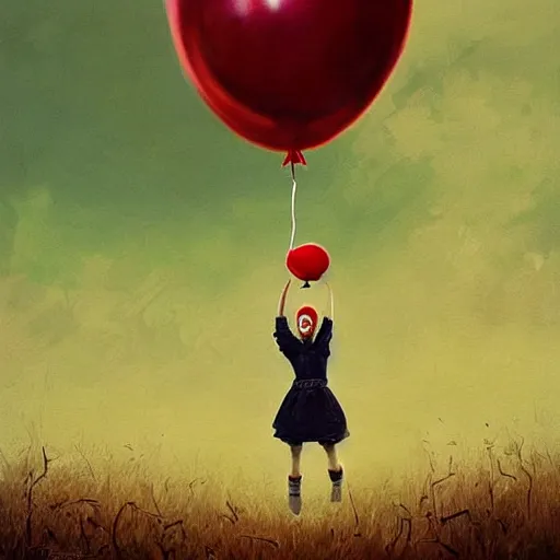 Image similar to grunge cartoon landscape painting of bilie eilish with a wide smile and a red balloon by - michal karcz, loony toons style, pennywise style, horror theme, detailed, elegant, intricate