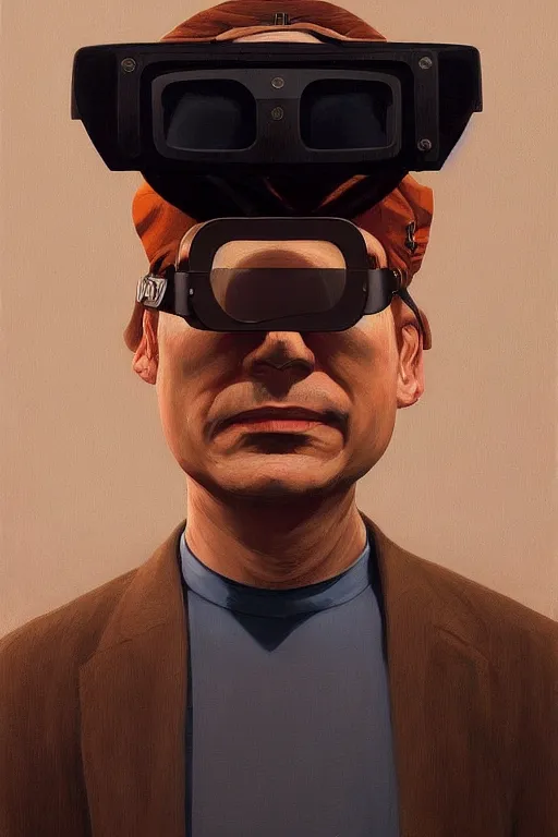 Image similar to Satoshi Nakamoto wearing oculus and bitcoin over his head Edward Hopper and James Gilleard, Zdzislaw Beksisnski, highly detailed