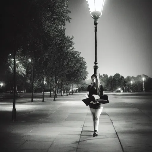 Prompt: a girl reading book, hair flowing down, city park, street lights, contrast, dramatic, by Noel Coypel