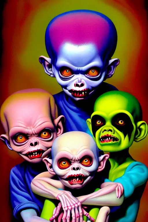 Image similar to a hyperrealistic painting of the garbage pale kids, cinematic horror by chris cunningham, lisa frank, richard corben, highly detailed, vivid color,