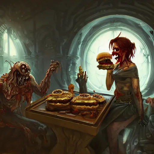 Image similar to zombie eating a burger in a room, d & d, fantasy, intricate, elegant, highly detailed, digital painting, artstation, concept art, matte, sharp focus, illustration, hearthstone, art by artgerm, art by greg rutkowski, art by alphonse mucha