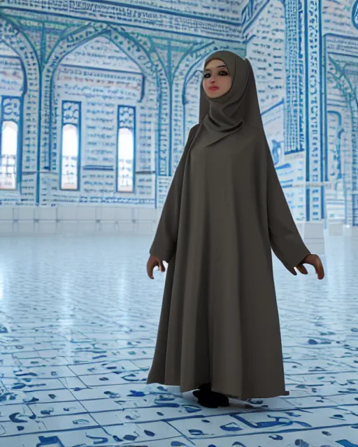 Prompt: a female robot wearing a hijab in the mosque, realistic and detailed, 8 k