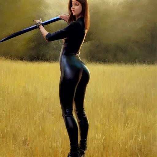 Image similar to a painting of woman wearing black skintight clothes holding a sword standing in a field, painting by mark brooks, trending on artstation, artstationHD, artsationHQ