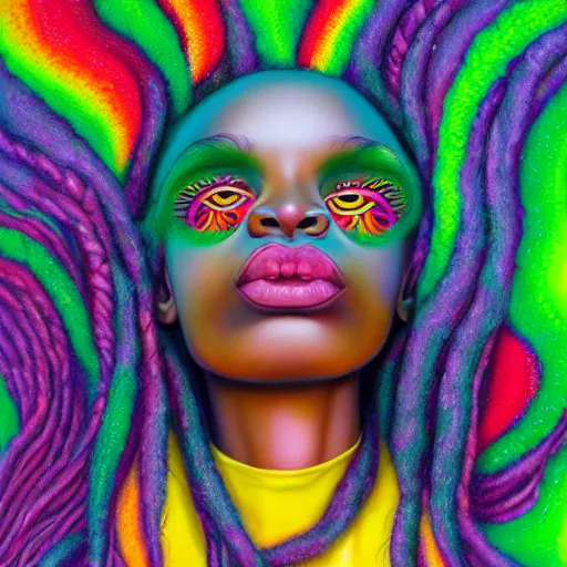 Image similar to a wide angle shot of a black girl with colorful dreadlocks in a field of candy, by Adi granov and afarin sajedi and amanda sage and evgeni gordiets and Agostino Arrivabene and adonna khare in a psychedelic portrait style, ultrarealistic matte painting, volumetric lighting, fractal, extremely symmetrical, highly detailed face, orisha, 8k, hd