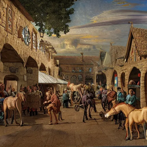 Prompt: a medieval horse market, fantasy art