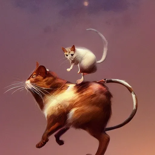 Prompt: a heroic mouse riding on the back of a prancing cat, photography, hyperrealistic, by greg rutkowski, smooth, illustration, elegant, artstation, digital painting.