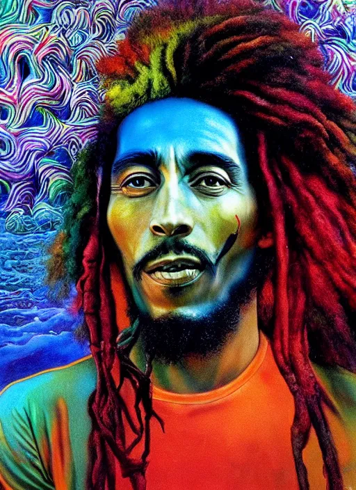 Image similar to colour masterpiece surreal closeup portrait photography of bob marley by miho hirano and annie leibovitz and michael cheval, weird surreal epic psychedelic complex biomorphic 3 d fractal landscape in background by kilian eng and roger dean and salvador dali and beksinski, 8 k