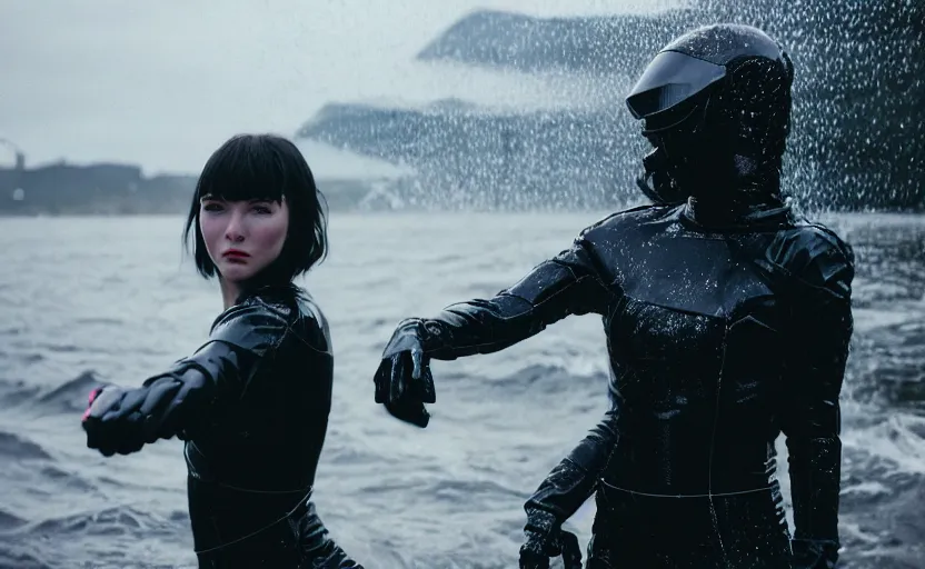 Prompt: cinestill 5 0 d candid action photographic portrait by quentin tarantino of two loving female androids wearing rugged black mesh techwear in treacherous waters, extreme closeup, modern cyberpunk tesla retrofuturism moody emotional cinematic, pouring iridescent rain, 8 k, hd, high resolution, 3 5 mm, f / 3 2, motion blur, ultra realistic faces, ex machina