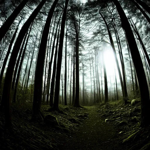 Image similar to dark forest at night, moonlight, godrays, ambeint environment, 4k photograph, fish-eye lens