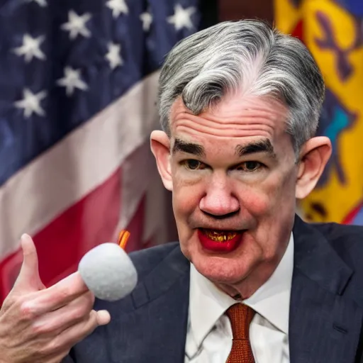 Image similar to Jerome Powell with colorful clown makeup all over his face whiteface