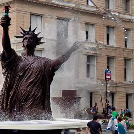 Prompt: liberty statue get sink on chocolate liquid rain, flooded with chocolate