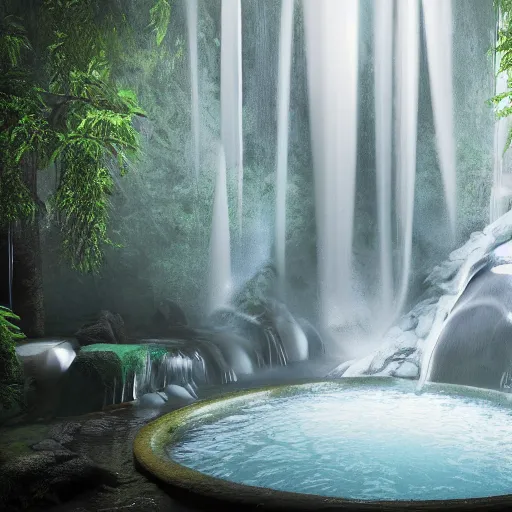 Prompt: a bathtub under waterfall in forest, digital painting, high contrast, unreal engine render, volumetric lighting, high détail