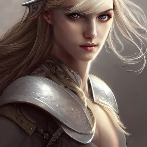 Prompt: fantasy woman, long blonde hair, white armor, highly detailed, perfect facial detail, beautiful, elegant, high fantasy, style of artgerm, rutkowski, giacometti,