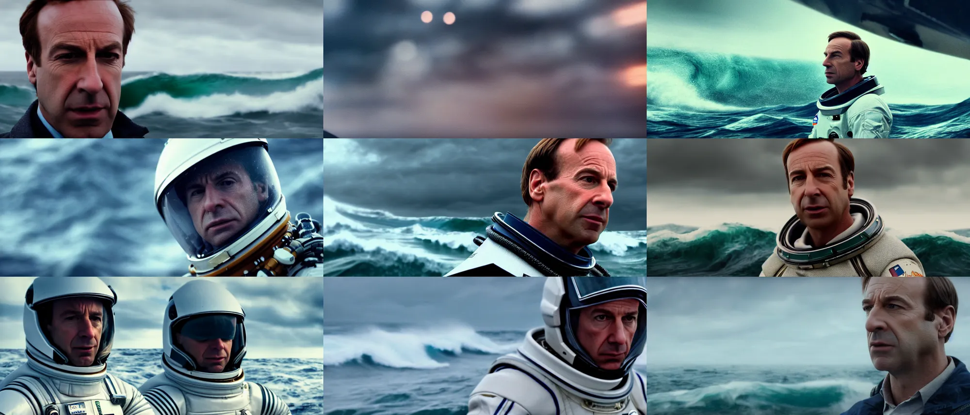 Image similar to on ocean , bokeh !!cinematic close up shot of saul goodman wearing the spacesuit in scene from the movie interstellar ,shady dull weather, panorama,natural dull colours, anamorphic, epic cinematic, DOF,exteremely giant ocean wave in background