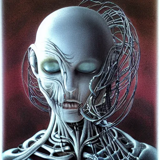 Image similar to organic android portrait by Yoshitaka Amano and HR Giger, very detailed, spooky, liminal