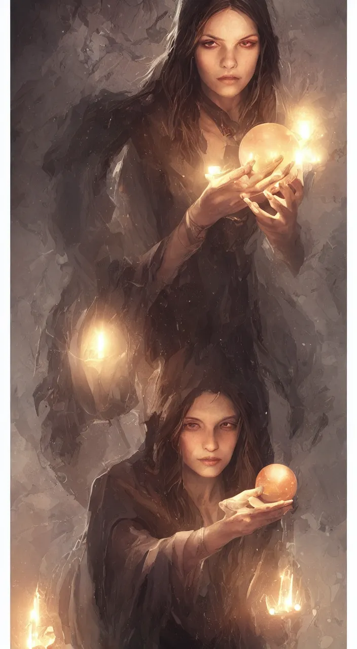 Prompt: one young witch with a crystal ball, true anatomy, detailed face, highly detailed, by greg rutkowski