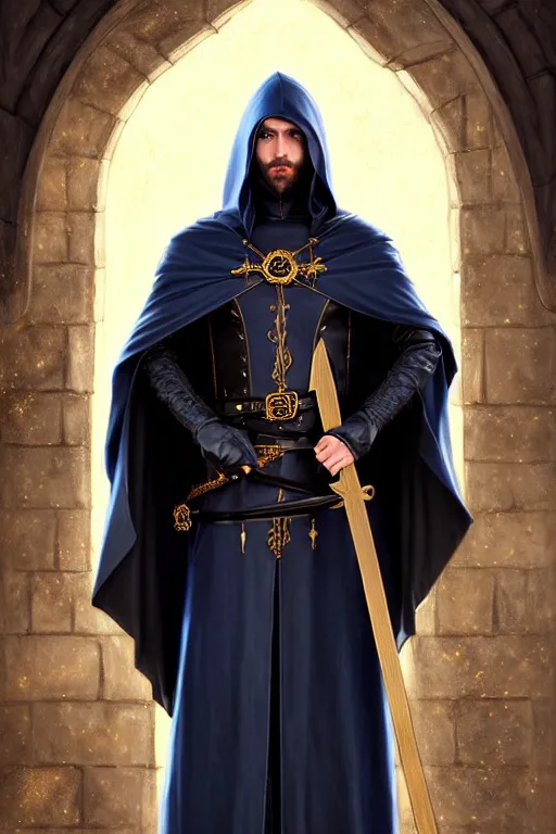 Image similar to handsome mage holding a spear, long black hair blue eyes wearing leather mantle gothic navy cloak with gold details, castle town, fantasy character portrait, ultra realistic, intricate, elegant, highly detailed, digital painting, artstation, smooth, sharp, focus, illustration, art by artgerm and greg rutkowski and alphonse mucha