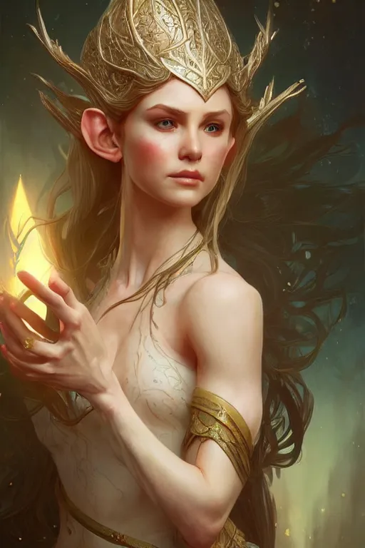 Image similar to beautiful elven princess, accurate anatomy, only two hands, highly detailed, digital painting, artstation, concept art, smooth, sharp focus, illustration, Unreal Engine 5, 8K, art by ross tran and greg rutkowski and alphonse Mucha