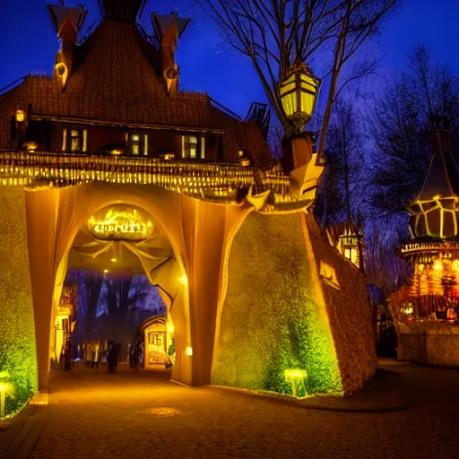 Prompt: Efteling entrance by night, dark, mysterious street photography