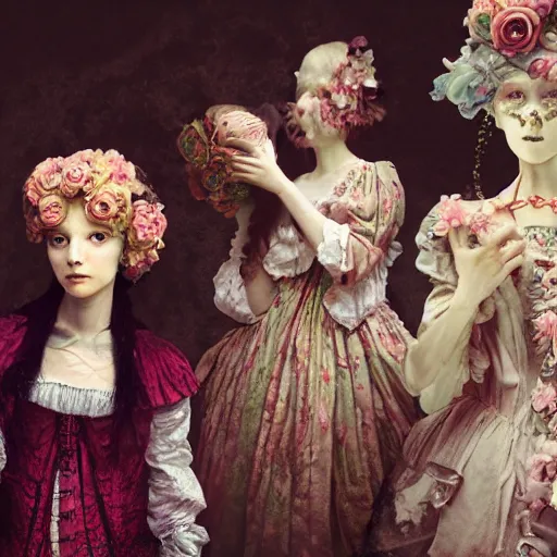 Image similar to 8k, octane render, realism, tonalism, renaissance, rococo, baroque, group of creepy young ladies wearing long harajuku manga dress with flowers and skulls, background chaotic flowers
