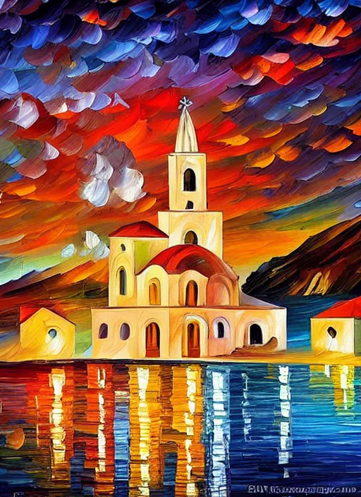 Image similar to beautiful seaside greek village and church at sunset in the style of leonid afremov
