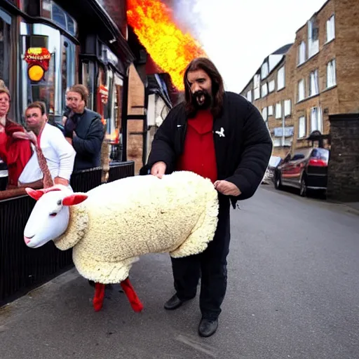 Image similar to photo of a man in a sheep costume in flames and jesus is helping him outside a british pub