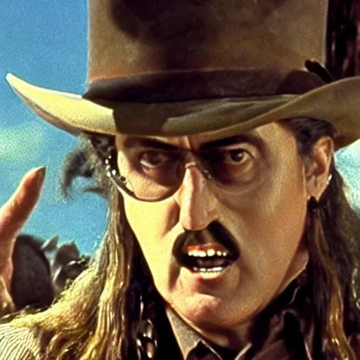 Prompt: weird al yankovic starring in fistful of dollars directed by sergio leone in 1 9 6 4 digitally restored movie still action shot