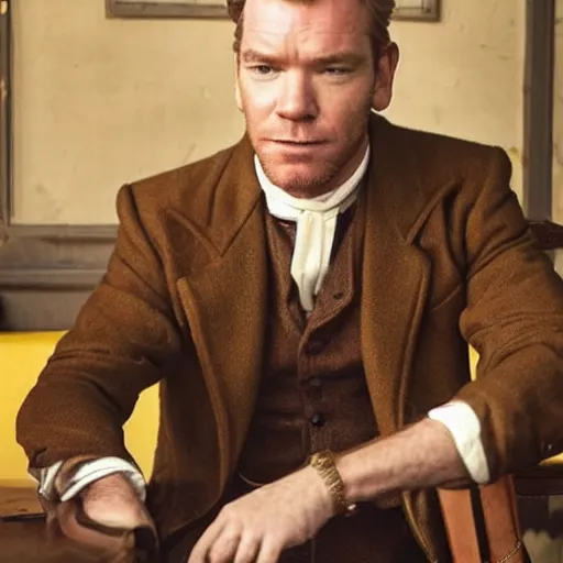 Prompt: ewan mcgregor from behind dressed as a gentleman in early 2 0 th century paris cafe. warm colour, brown colours, yellow colours