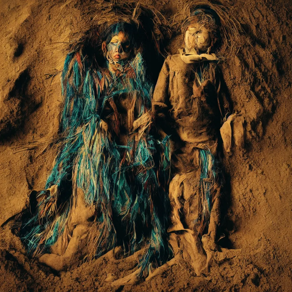 Prompt: color photography, full body portrait of indigenous spiritual healer shaman in underworld, biotecture sandstorm dust mountain temple spirits shadows ritual, cindy sherman, erwin wurm