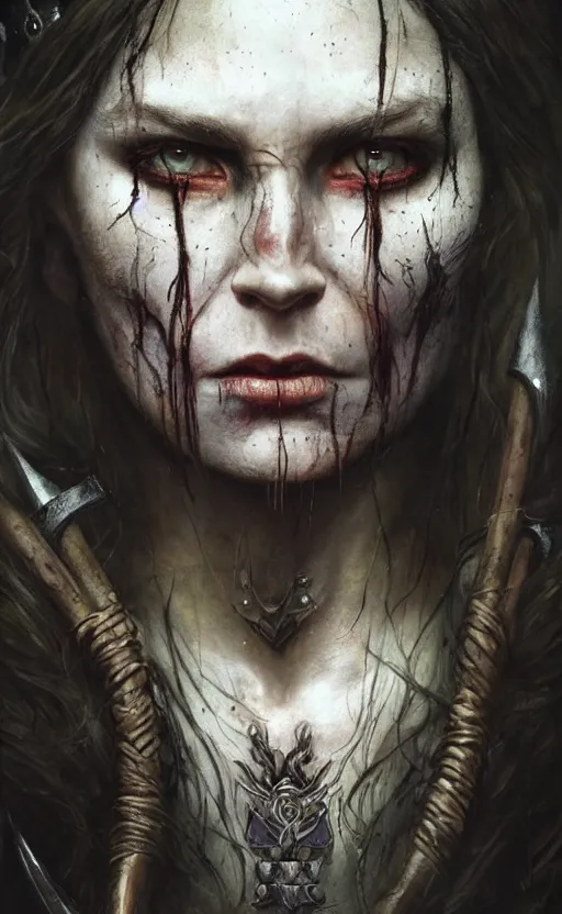 Prompt: Official photo of a majestic fierce viking woman, leader, fear, scarred, hyperrealism, highly detailed, viking attire, cinematic, 8k, 1080s, by Stanley Artgermm, Tom Bagshaw, Greg Rutkowski, Vincent di Fate, Carne Griffiths, Ayami Kojima, trending on DeviantArt, hyper detailed, full of color, digital art