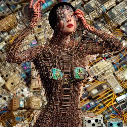 Prompt: piles of modular synth cables mixed with mangrove roots and old video game consoles, kawaii puerto rican goddess chilling out wearing a headpiece made of circuit boards, by cameron gray, wlop, stanley kubrick, masamune, hideki anno, jamie hewlett, unique perspective, trending on artstation, 3 d render, vivid