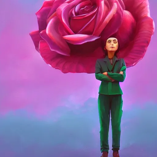 Image similar to closeup, giant rose flower under head, frontal, girl in a suit, surreal photography, sunrise, dramatic light, impressionist painting, digital painting, artstation, simon stalenhag