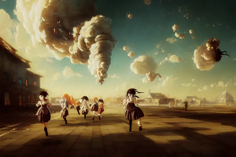 Image similar to baroque oil painting of anime key visual concept art of anime maids running away from the hindenburg disaster, smoke debris, grimdark steampunk fantasy, pleasant battlefield, trending on artstation, brush strokes, oil on canvas, style of makoto shinkai and greg rutkowski and studio ghibli