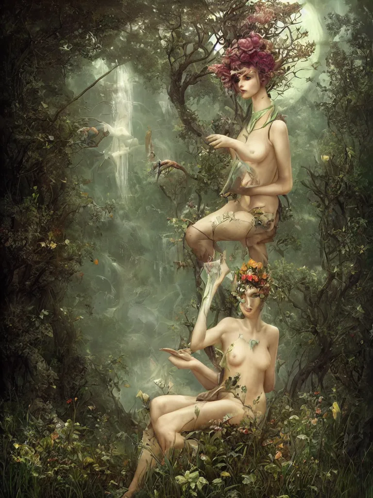 Image similar to a solarpunk very very very beautiful lush landscape of a the most beautiful nymph in a field are of broken stone words, hyperrealistic, award-winning, masterpiece, in the style of Tom Bagshaw, Cedric Peyravernay, Peter Mohrbacher