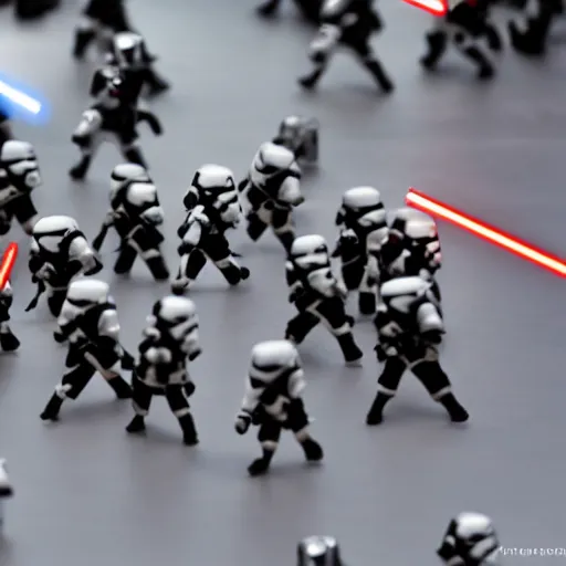 Prompt: A bunch of little Darth Vaders attacking a Star Wars stormtrooper, realism, depth of field, focus on darth vader,