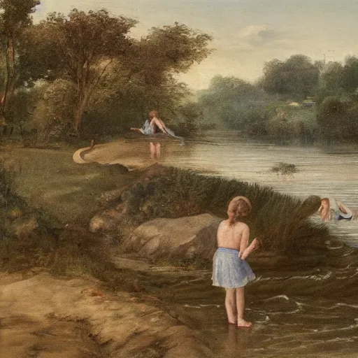 Prompt: landscape of river with two girls splashing on it in the background,